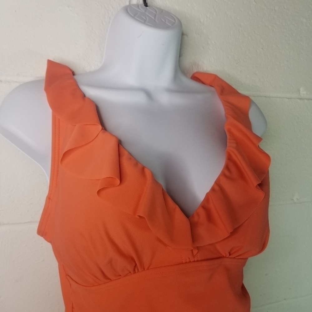 DKNY coral ruffle ruched one piece swimsuit - Picture 4 of 11